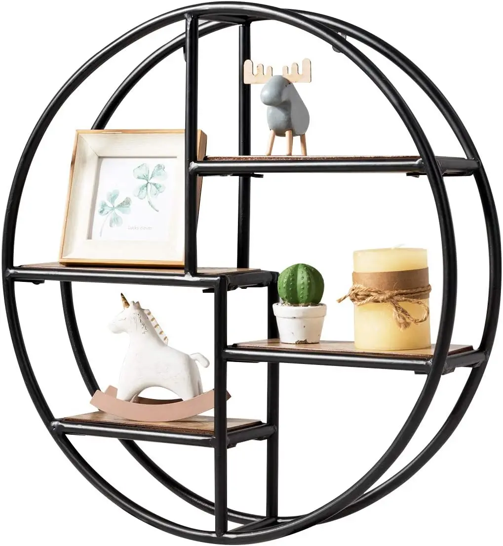 

Round Wall , Wall-Mounted Circular , Wood & Iron Wall Hanging Shelves, 4-Tier Circle Wall Decor for Office, Circular Float