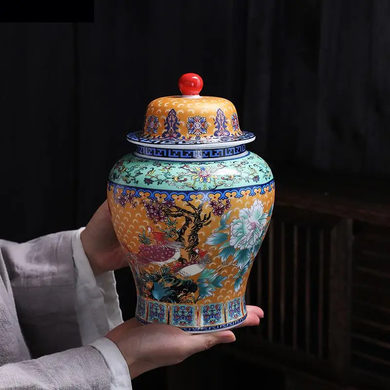 Ceramic Painted Flower and Bird Tea Caddy Color General Jar Household Food Coffee Bean Storage Arrangement Decoration