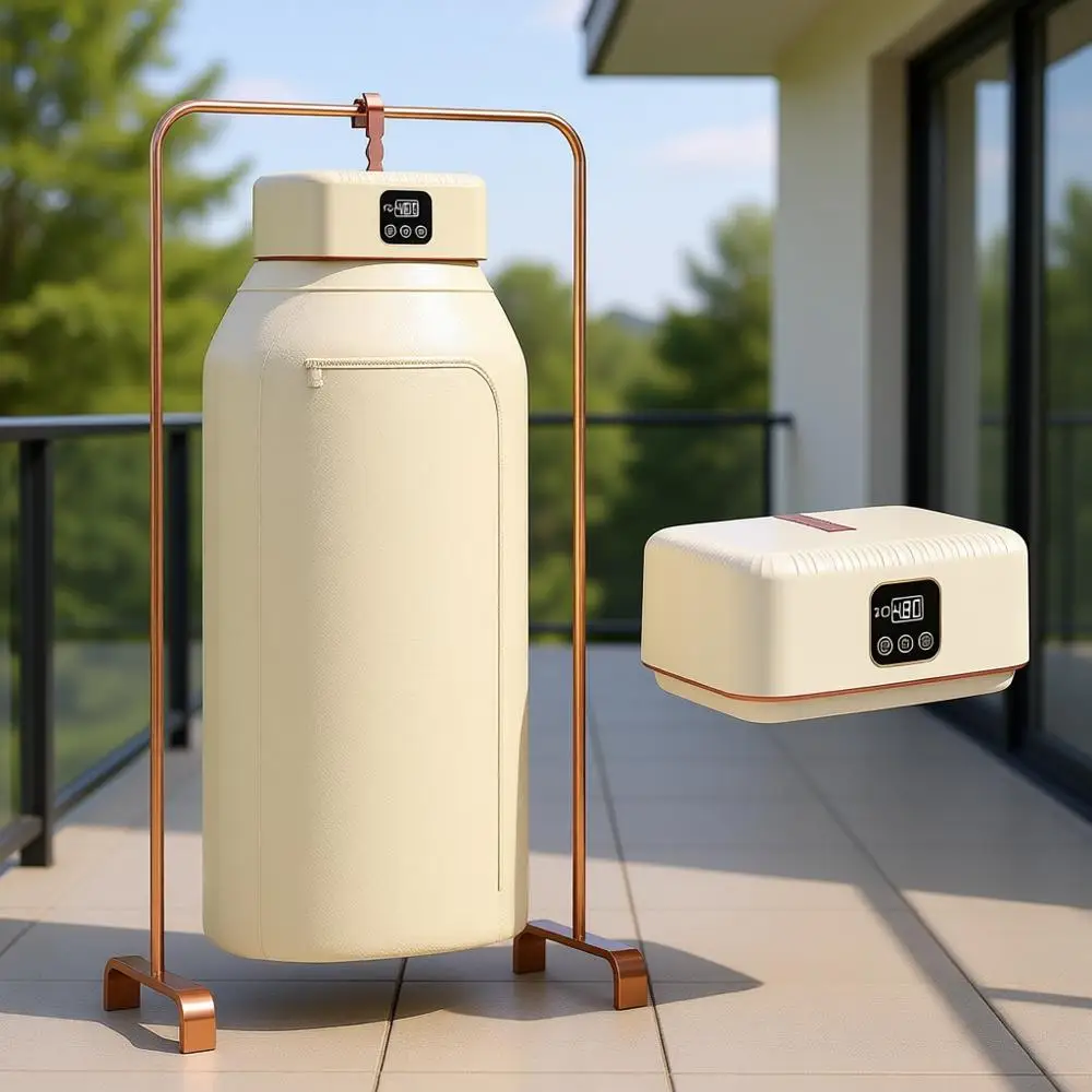 

Портативная сушилка для одежды с таймером на 8 часов, пультом дистанционного управления, сушащим мешком, компактная и складная, тихая (45 дБ), энергосберегающая (600 Вт)