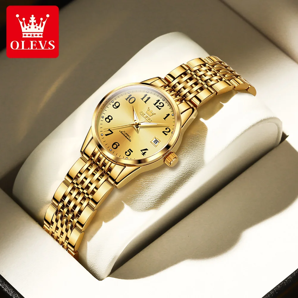 

OLEVS Brand Luxury Gold Mechanical Watch for Women Stainless Steel Strap Waterproof Luminous Calendar Fashion Womens Wristwatch