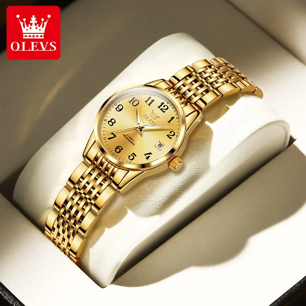 OLEVS Brand Luxury Gold Mechanical Watch for Women Stainless Steel Strap Waterproof Luminous Calendar Fashion Womens Wristwatch