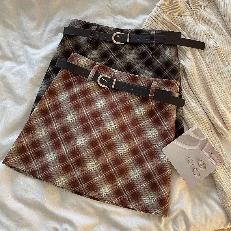 Retro Plaid A-Line Skirts Women Autumn Winter 2026 New Korean High Waist Slim Mini Skirts Fashion with Belt Short Pencil Skirt