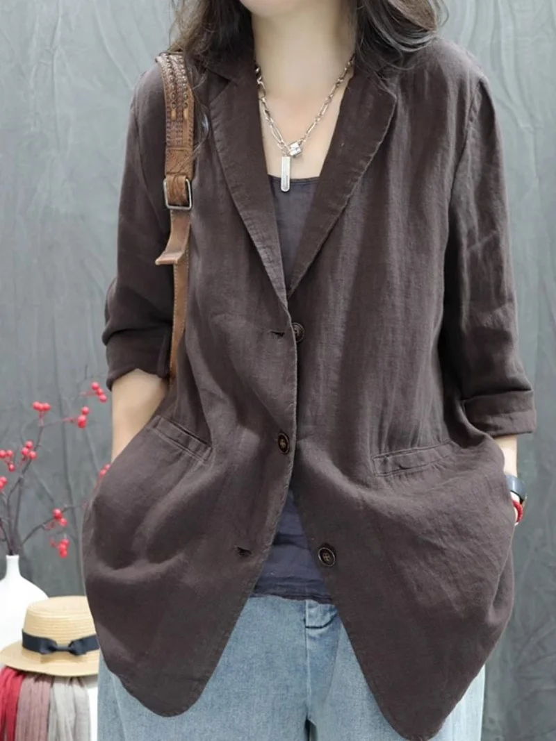 

Spring And Autumn Vintage Linen Suit Jacket Women's Relaxed And Casual Mid Length Cardigan Top Thin Blazer W607