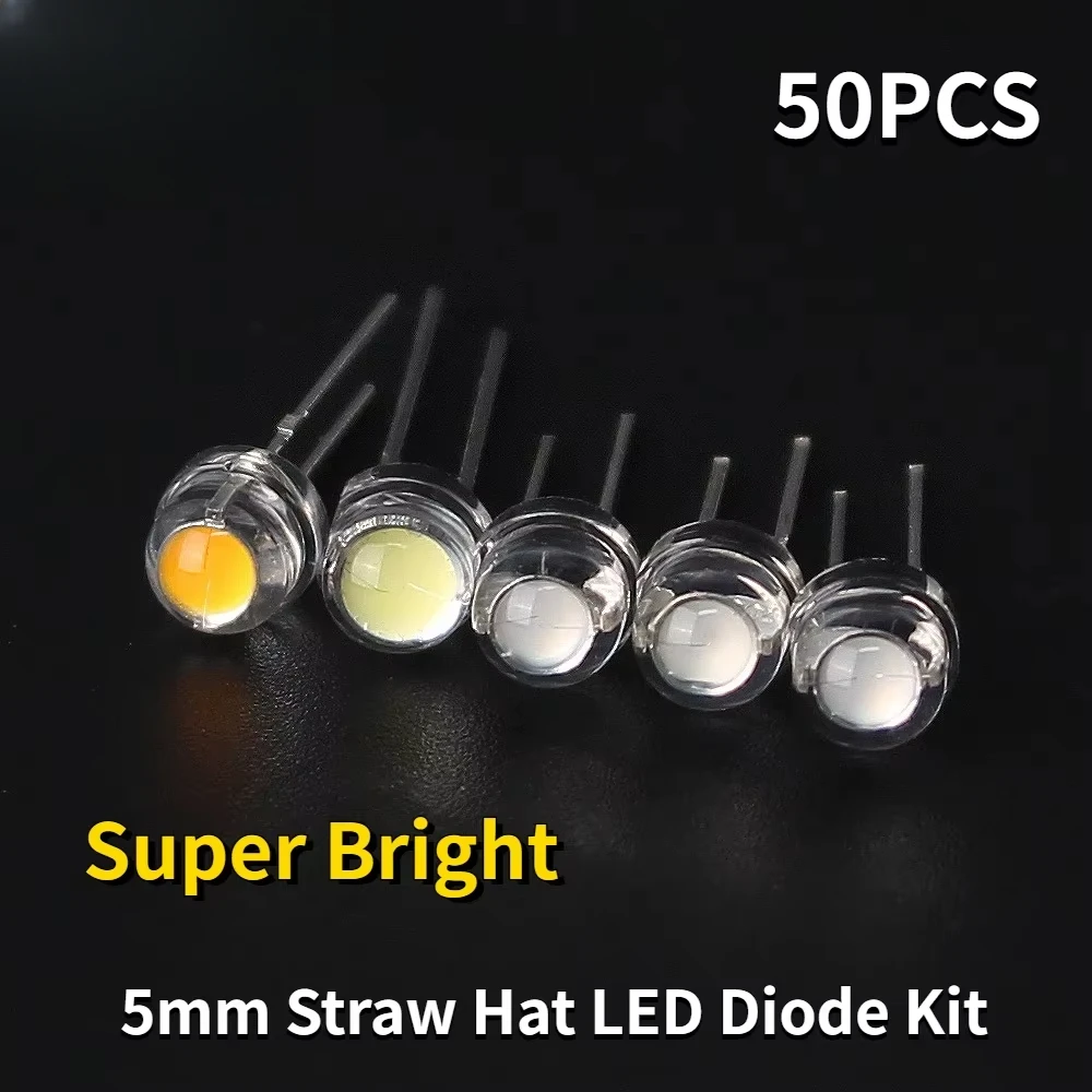 50PCS Straw Hat LED 5mm Super Bright LED Diode F5 Light Emitting Diode Blue Green Red Yellow White for DIY Electronic Kit