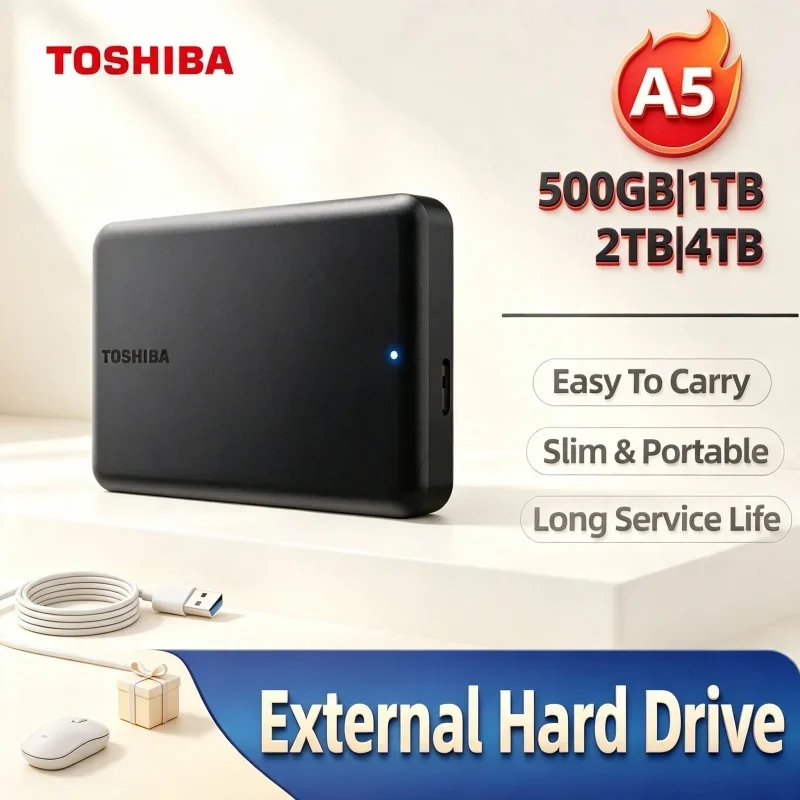 Cost Effective Toshiba A5 Series USB3.2 Gen1 Hard Drive 500GB-4TB Mini Light Portable Black HDD Support Mac System