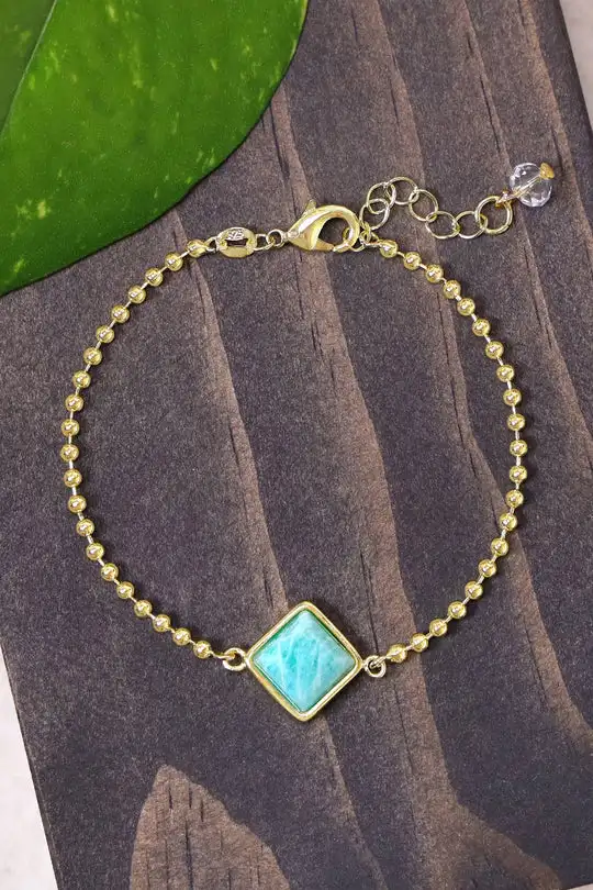 14k Gold Filled Square Russian Amazonite Beaded Charm Bracelet Fashion Jewelry