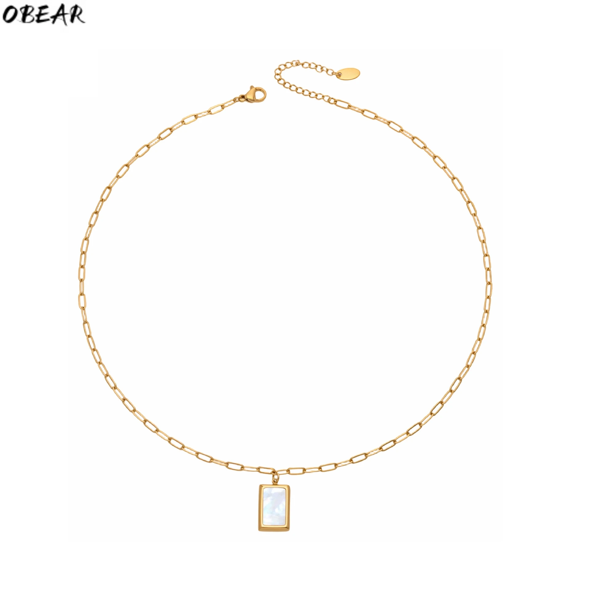 Gargantilla de cadena de eslabones con colgante de nácar rectangular | Acero inoxidable chapado en oro | Collar minimalista de clavícula para mujer