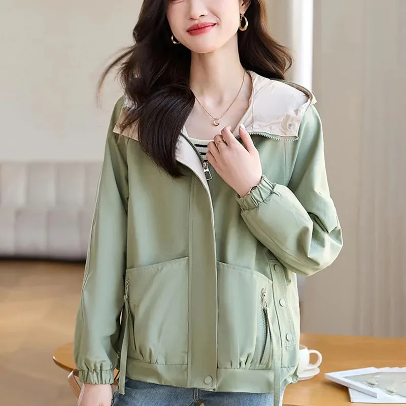 

New Hooded Frock Trench Coat Spring And Autumn 2023 High-Grade Joker Loose Comfortable Leisure Jacket Hooded solid color Coat