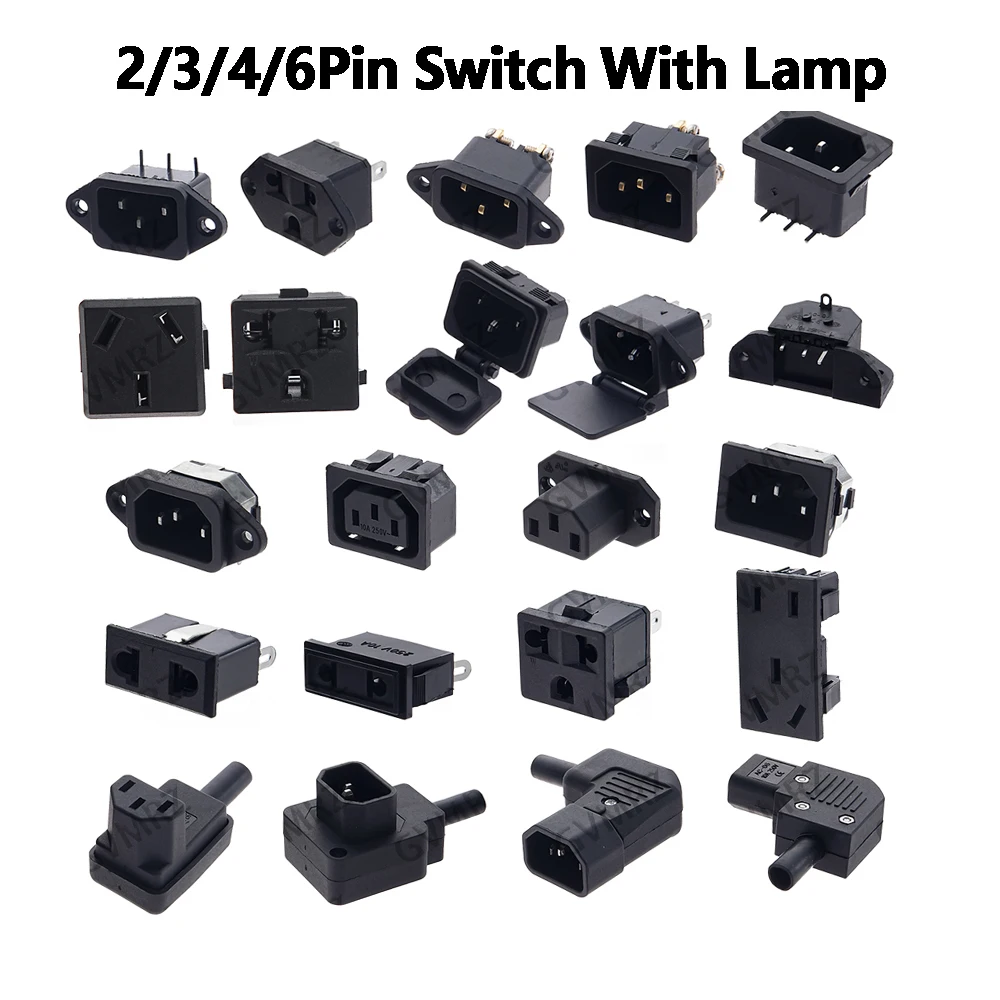 1PCS 4/6Pin Pure Copper IEC320 C14 Electrical AC Power Plug Socket 2/3 Switch With Lamp Power Supply Cable Gauge Socket 10A 250V