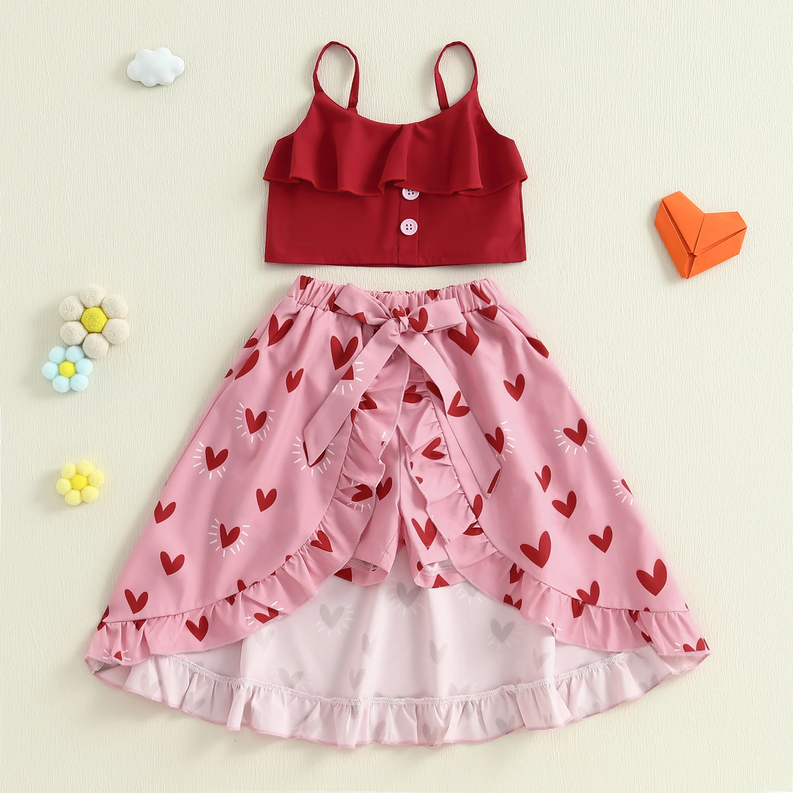 3-6Y Kids Girl 2 Piece Outfit Sleeveless Camisole Tops Heart Print High Low Ruffles Skirt Set Children's Summer Clothes