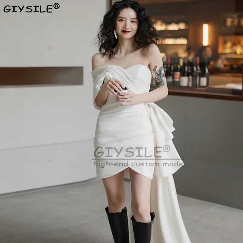 GIYSILE – robe de mariée blanche personnalisée en Satin, asymétrique épaule dénudée, sans manches, taille avec nœud, jupe queue de poisson, dos nu, mode Sexy