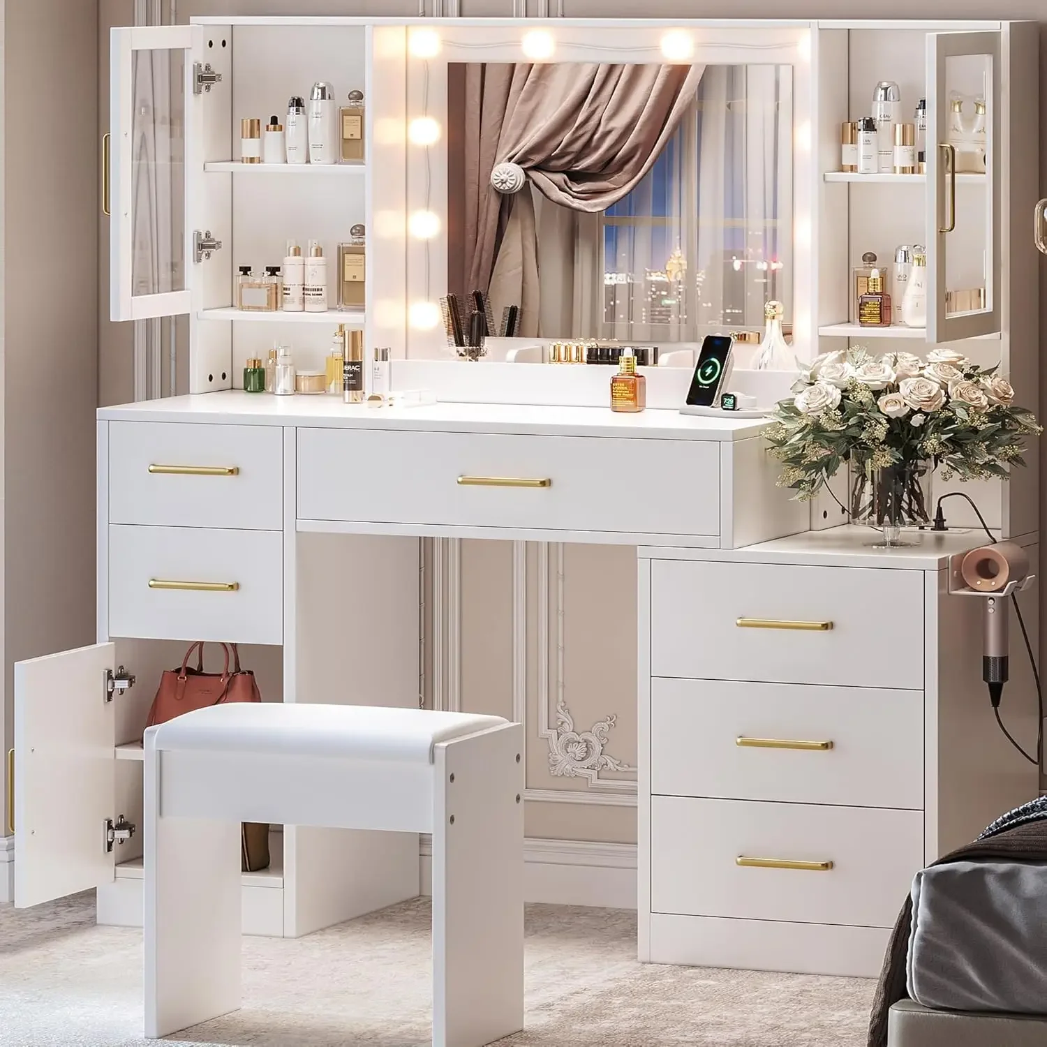 

Makeup Vanity Desk with Mirror and Lights, 51" Makeup Vanity w/ Lights & Charging Station, Dressing Table Vanity Set for Bedroom