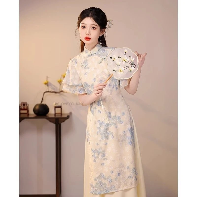 New Chinese Style Modified Ao Dai Qipao New Vintage Elegant high-end Young Style girl's Daily Wear Women Floral Qipao Dress