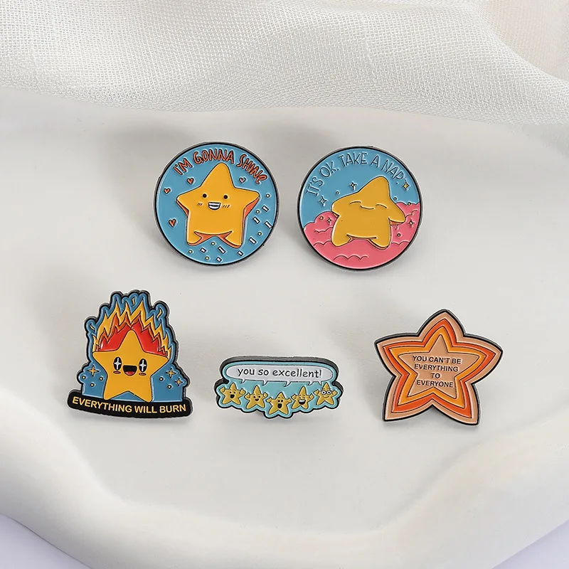 4Pcs Cute Star Enamel Pins Set Funny Positive Slogan Brooches Kawaii Relaxing Lapel Badges Gift