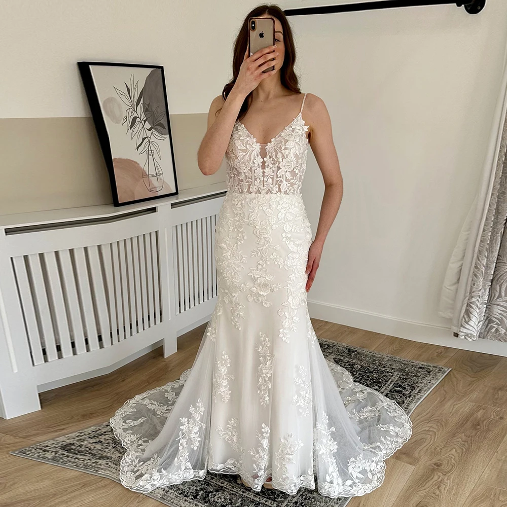 

Exquisite Wedding Dress Mermaid Appliques Spaghetti Straps Bridal Sexy V Neck Open Back Court Train Vestido De Novia 2024