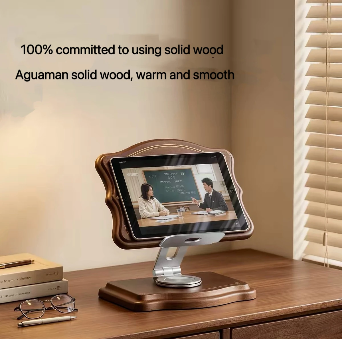 Tablet computer stand, wooden desktop bedhead with adjustable and rotating function, portable and foldable support.