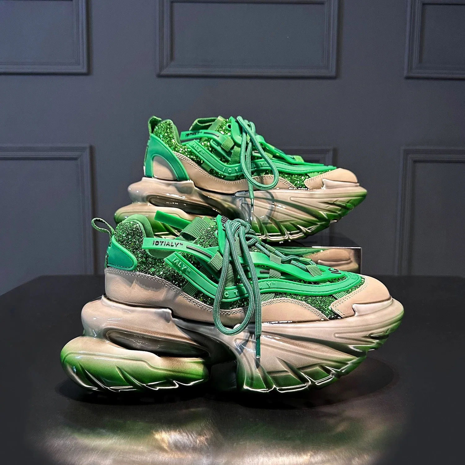 Women Sneakers Sequined Genuine Leather Platform Thick Bottom Chunky Shoes Height Increase Casual Fashion High Heels Green Blue