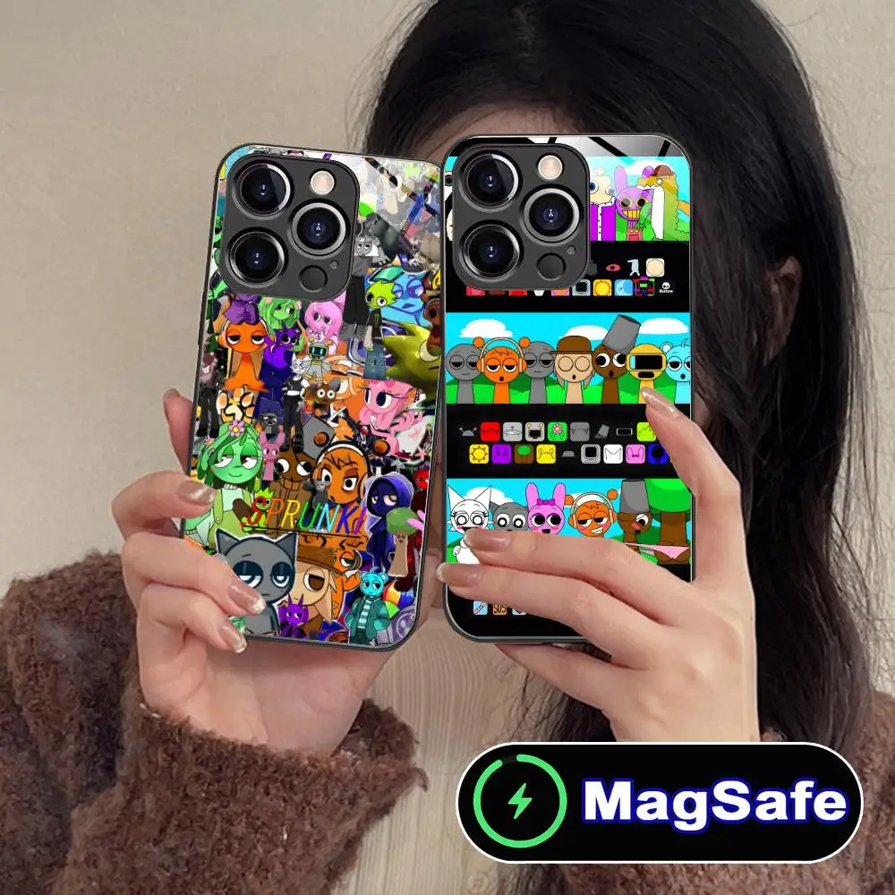 

Чехол для мобильного телефона Sprunki Music для iPhone 16, 15, 14, 13, 12, 11 Pro Max Plus Mini MagSafe, стеклянный цвет, защитный роскошный смартфон