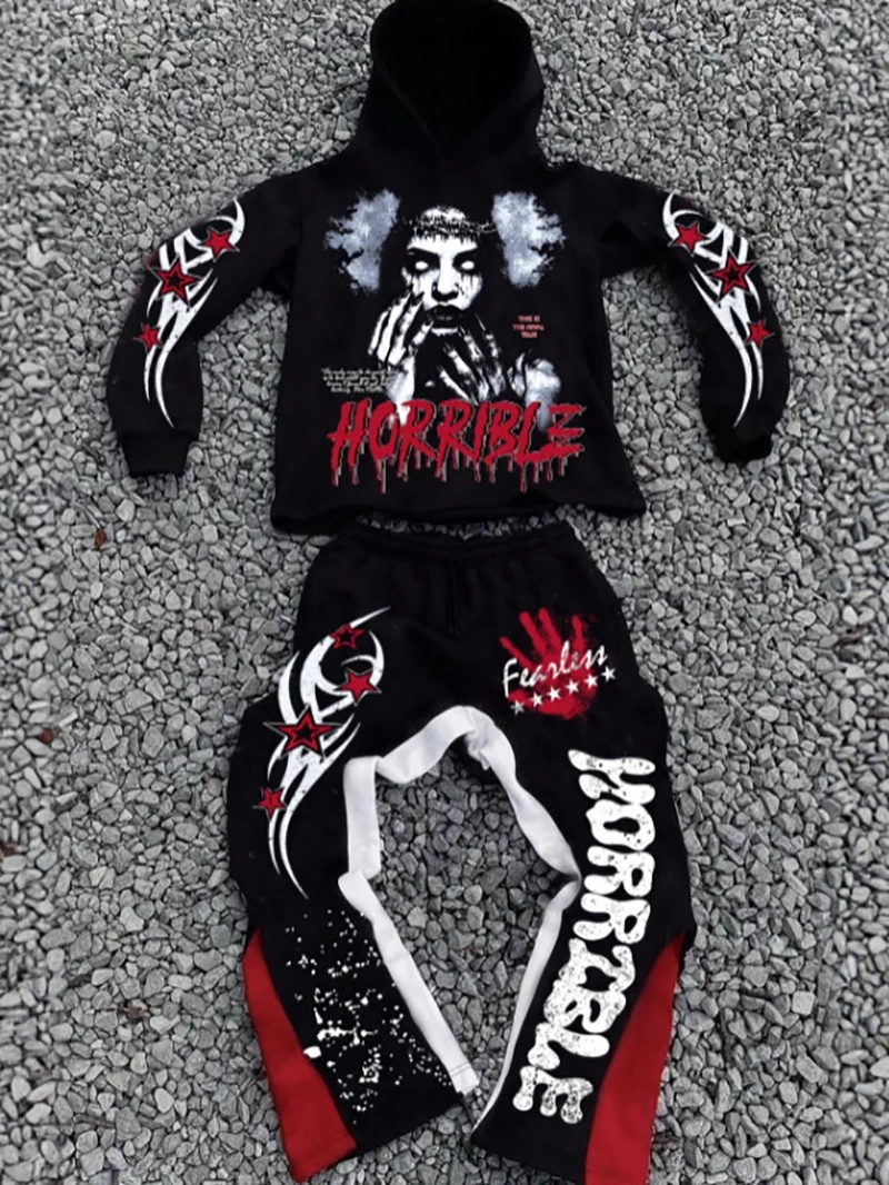 

Мужской темный костюм с капюшоном в стиле ужасов, модный уличный модный свитшот и брюки с ужасным принтом, комплект из двух предметов