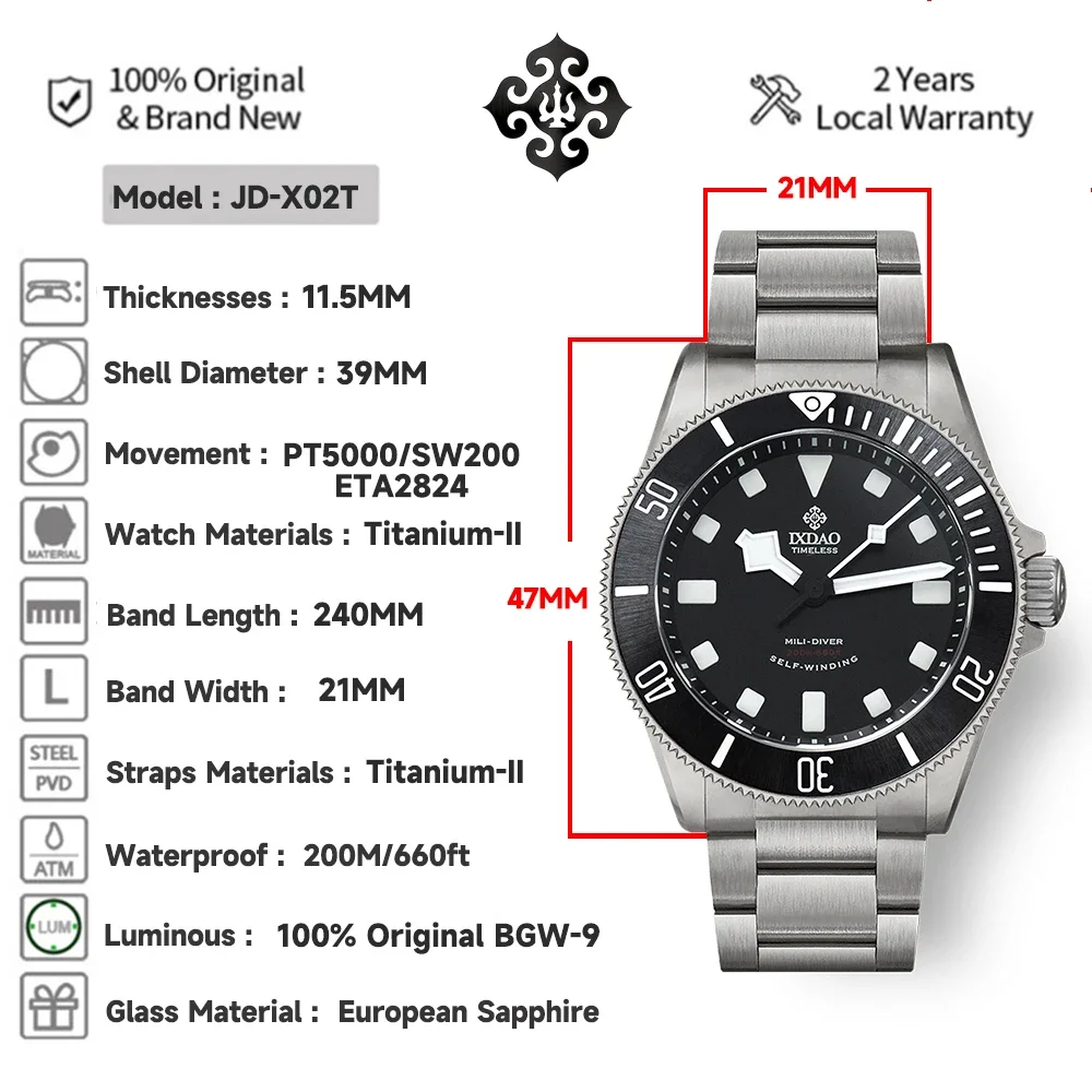 IX&DAO IPOSE 39mm Men Watch Titanium Grade2 Mechanical Diving Watches PT5000 Automatic Movement Water Resistant 20Bar Wristwatch