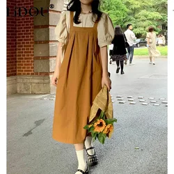 Summer Japanese Style Vintage Slingdresses Sets Women Round Neck Solid Color Short Sleeve Tops Ladies Pleated Suspender Skirt