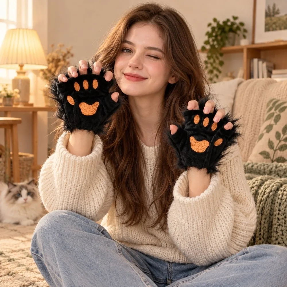 Kawaii Faux Fur Cat Paw Gloves Cute Bear Paw Plush Fingerless Mittens Soft Winter Warm Furry Animal Paws For Halloween Props
