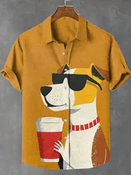 2025 new men's retro linen stand up collar short sleeved shirt with animal pattern printing, comfortable and casual men's top