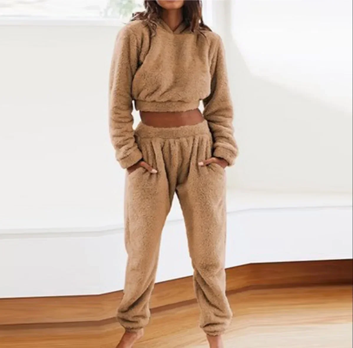 Autumn Winter Pajamas Set Women's 2 Piece Set Soft Pijama Short Hooded Pullover & Pocket Long Pant Sliming Fit Loungewear