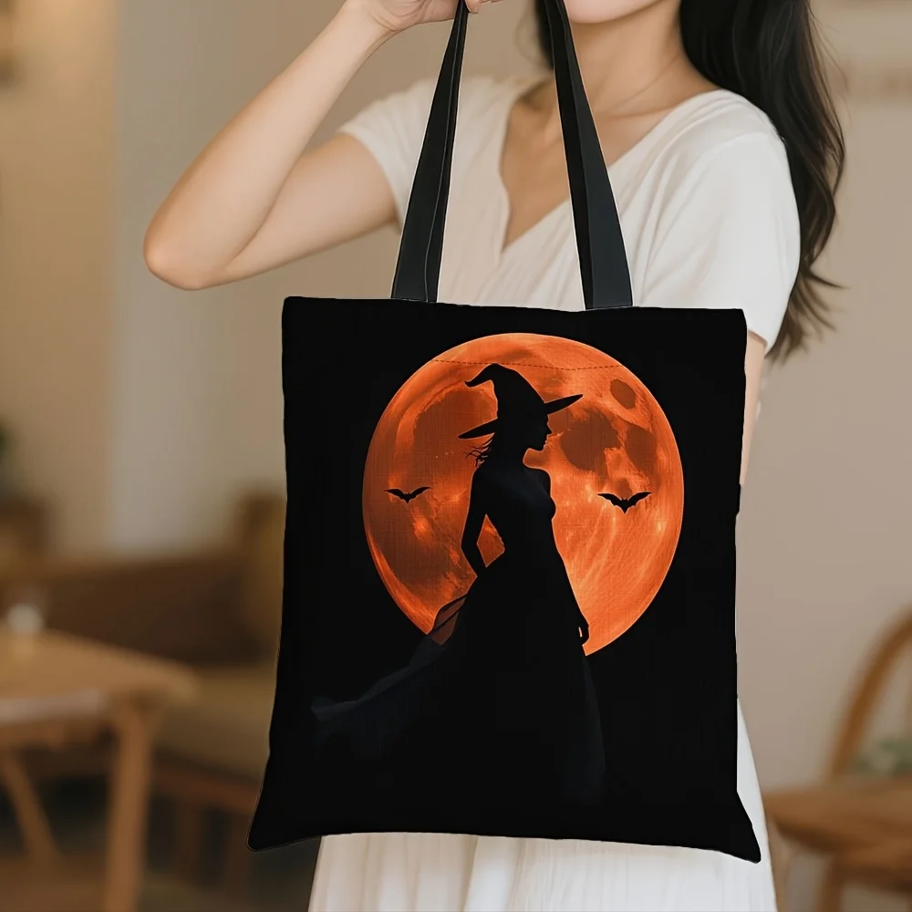 1 Stück Tragetasche mit geräumigem Hexen- und Mond-Aufdruck für Damen, Umhängetasche, Einkaufen, Reisen, Einkaufstasche für jeden Tag, für Halloween-Handtasche
