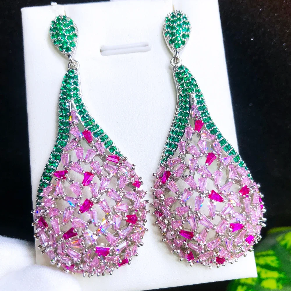 

Kellybola New Trend Luxury Pink Drop Earrings For Women Bridal Wedding High Quality CZ Cubic Zircon Earrings Fashion Jewelry