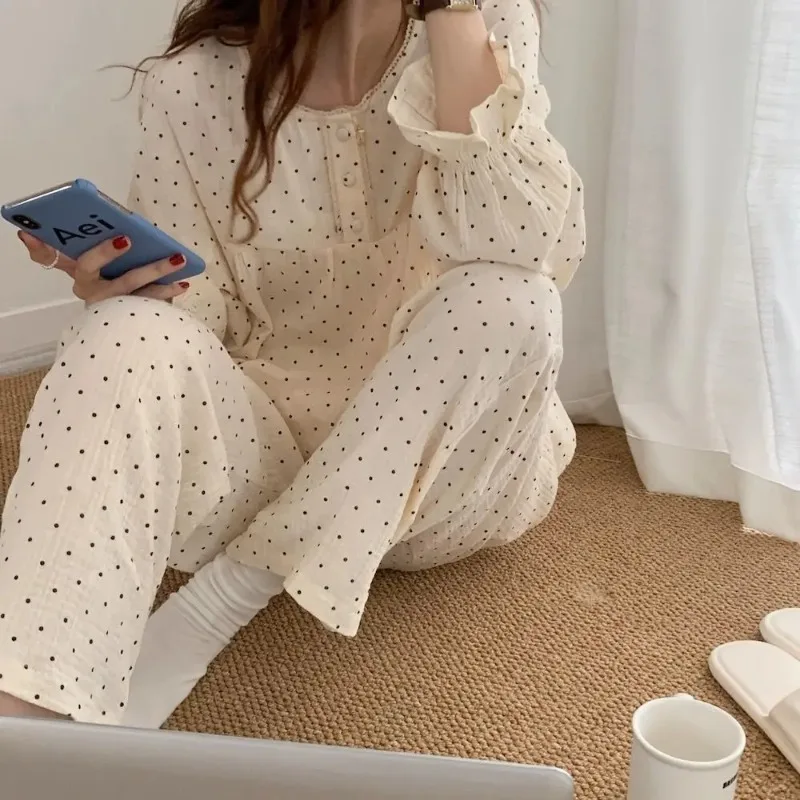 Polka Dot Sleepwear Women Korean Reviews Many Pajama Sets Long Sleeve Pyjamas Pants Set 2 Pieces Lace Piiama Home Wear 2024 New