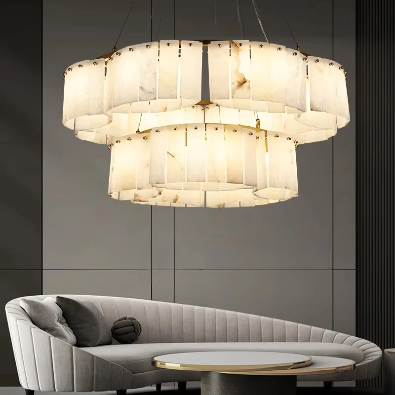 

Spain Marble Pendant Light for Living Dining Room Ceiling Hanging Lamp Luxury Brass Villa Lobby Interior Round Decor Chandelier