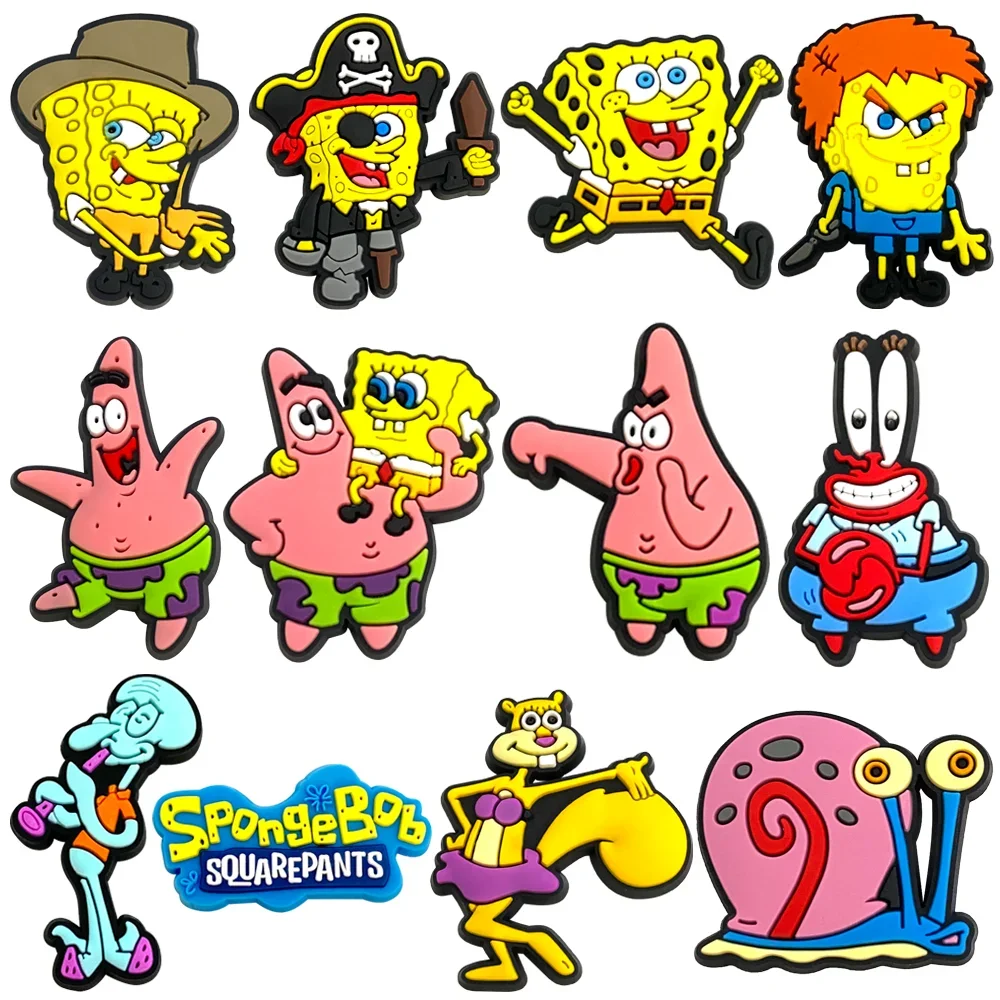 12pcs SpongeBob SquarePants Shoe Charms Decoration Buckle Character for Cartoon Anime Decoration PVC Garden Shoes Accessories