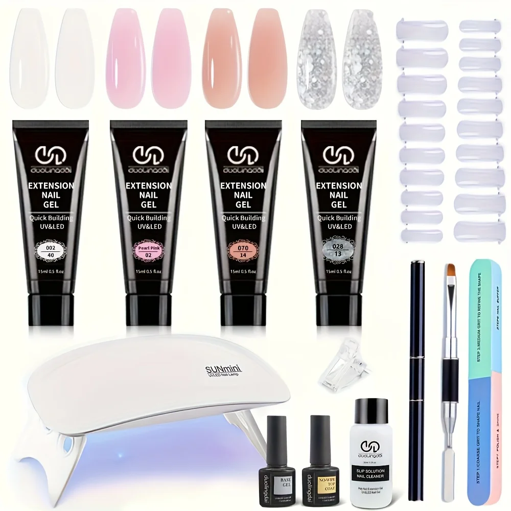 

Набор для наращивания ногтей Poly Nail Extension Gel Kit - 4 цвета: нюдовый, прозрачный, розовый, желеобразный. Всё в одном: гель для наращивания, клей-гель и лампа для ногтей.