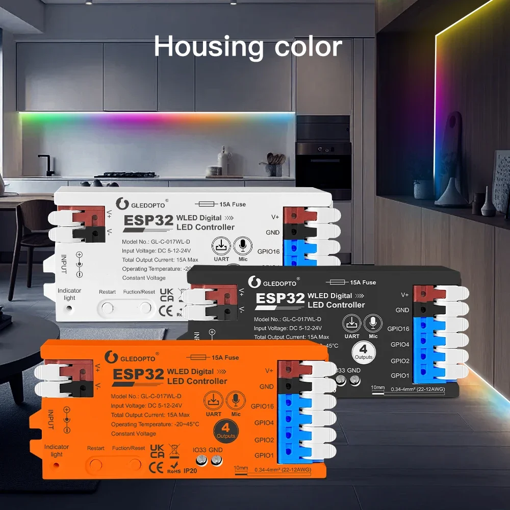 GLEDOPTO Smart Home ESP32 Digital Strip WLED Controller 15A Fuse 5-24V UART Mic Type-C Multi-GPIO Flame-Retardant PC 4 Outputs
