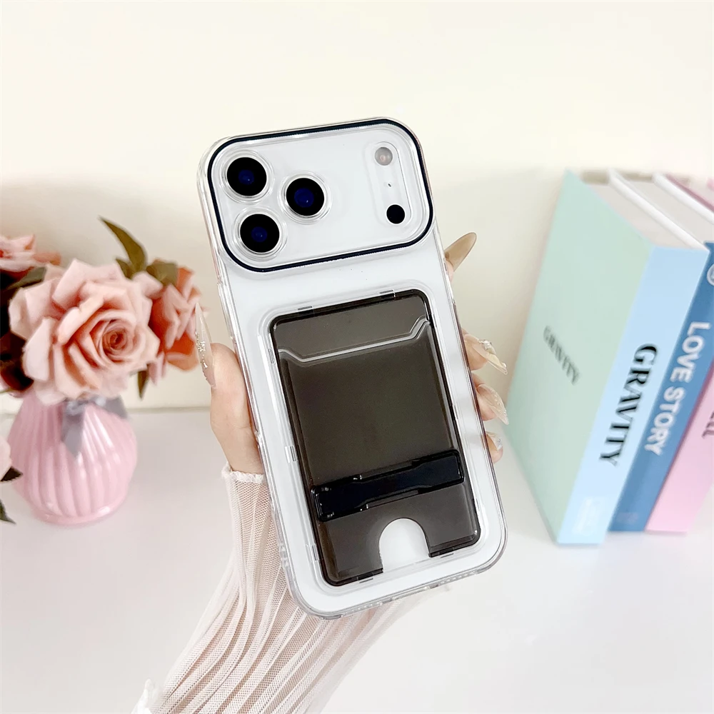 Fashion Transparent Card Holder Slot Bracket Case For iPhone 17 16 15 14 13 Pro Max Plus Wallet Folding Stand Candy Color Cover
