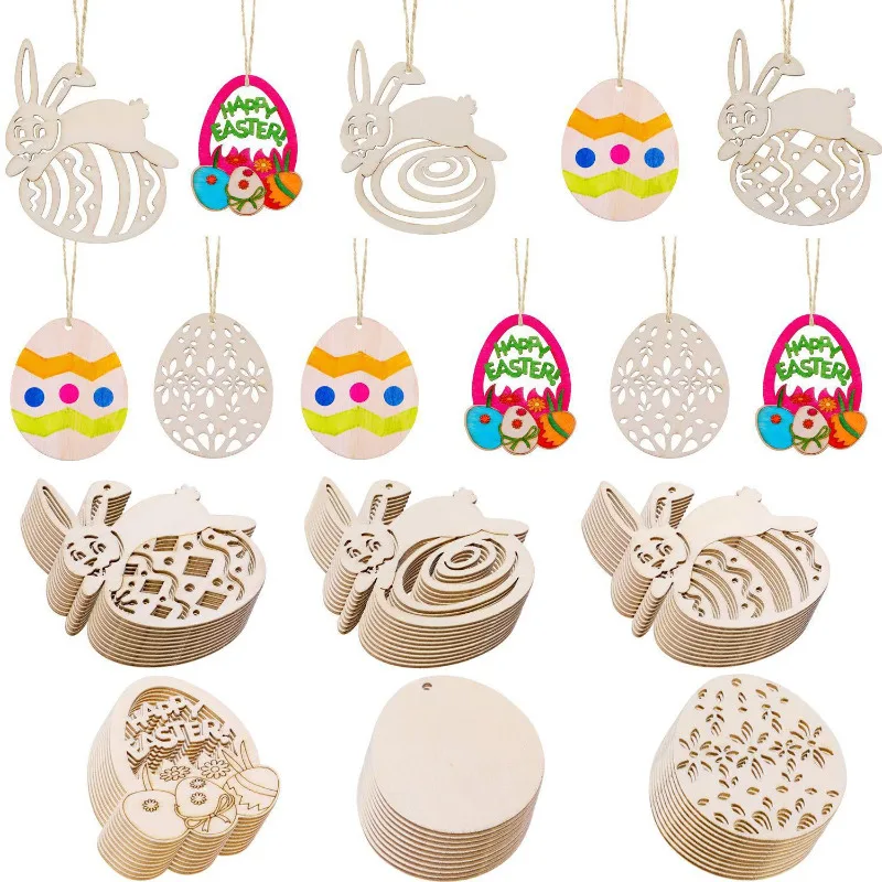 Easter Eggs Chick Rabbit Flower Shaperd Wooden Hollow Carving Blank Board with Rope DIY Painting Decorations for Easter Home