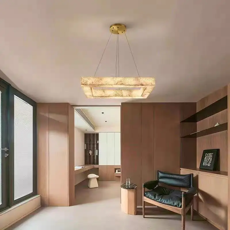 High-end alabaster octagonal chandelier rectangular marble chandelier, suitable for family hotel decoration