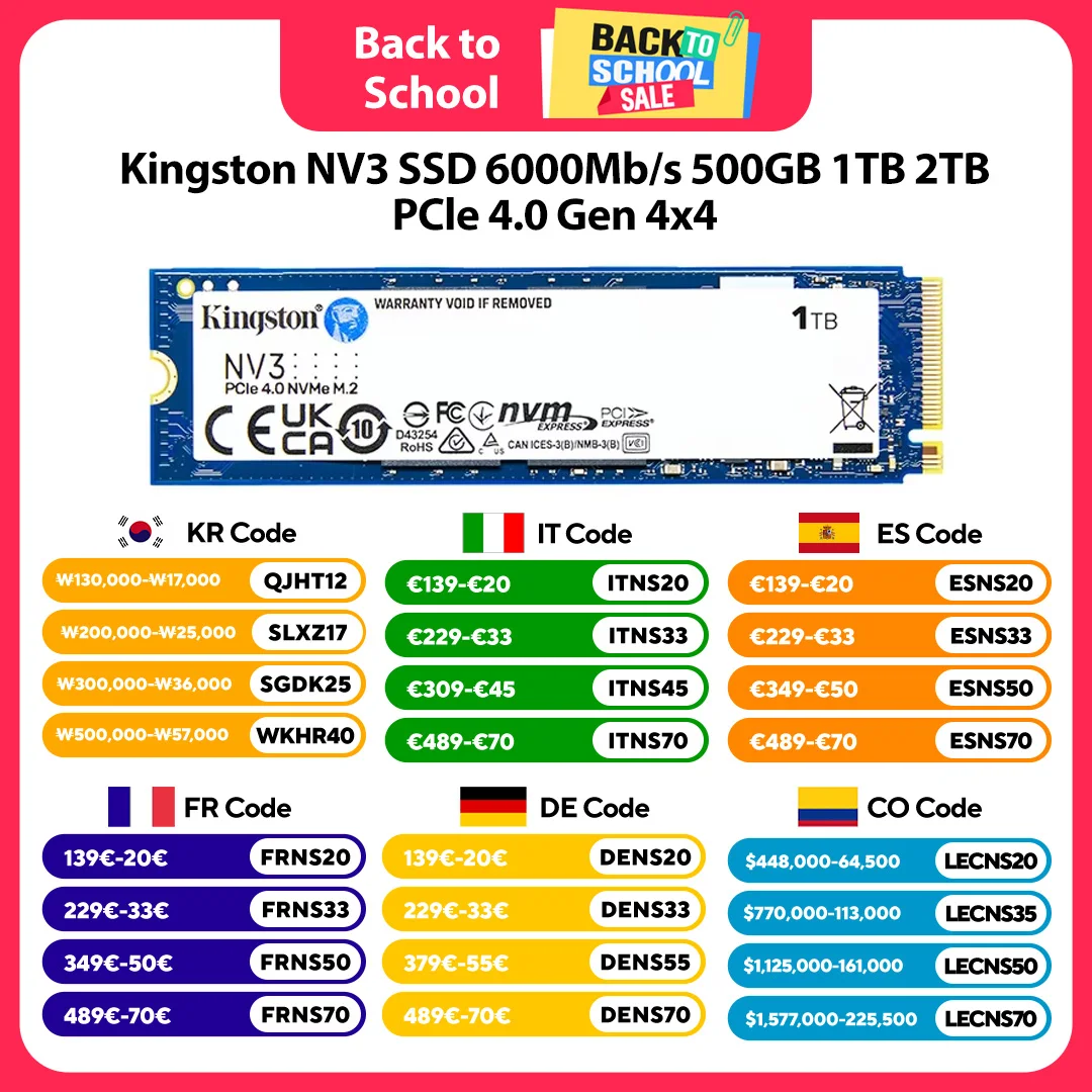 SSD Kingston NV3 PCIe 4.0 Gen 4x4 500GB 1TB 2TB Até 6000Mb/s M.2 2280 NVMe Unidade de Estado Sólido para PC Disco Rígido Original