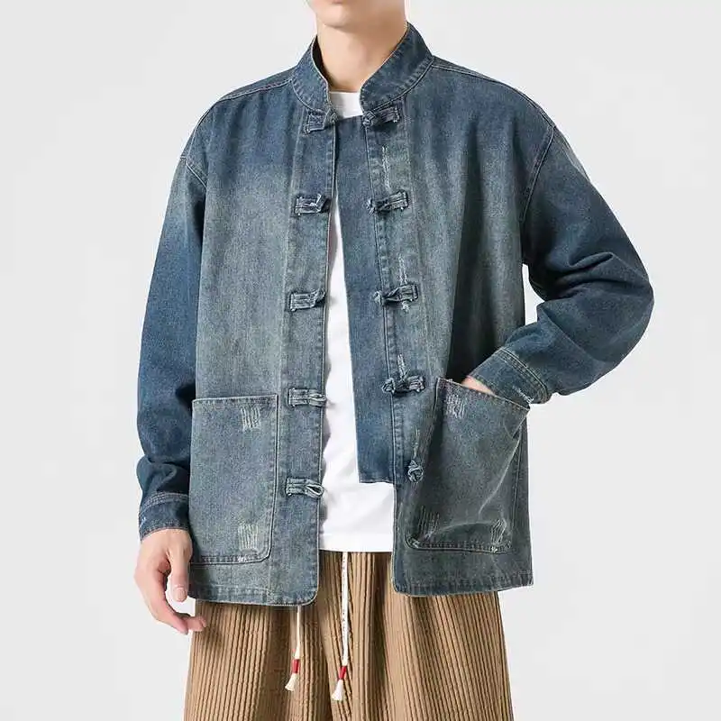 

Loose Fit Chinese Sle Men's Denim Jaet Spring Autumn Casual Button up Top Trendy Brand Youthful Long Sve Windproof