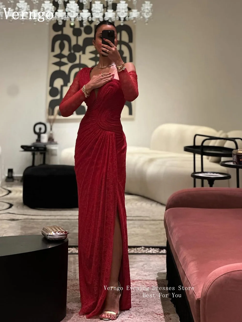 Verngo Elegant Red Lace Prom Gowns V Neck Side Sli Full Sleeves Formal Occasion Dresses Arabic Party Dress Customized image 2