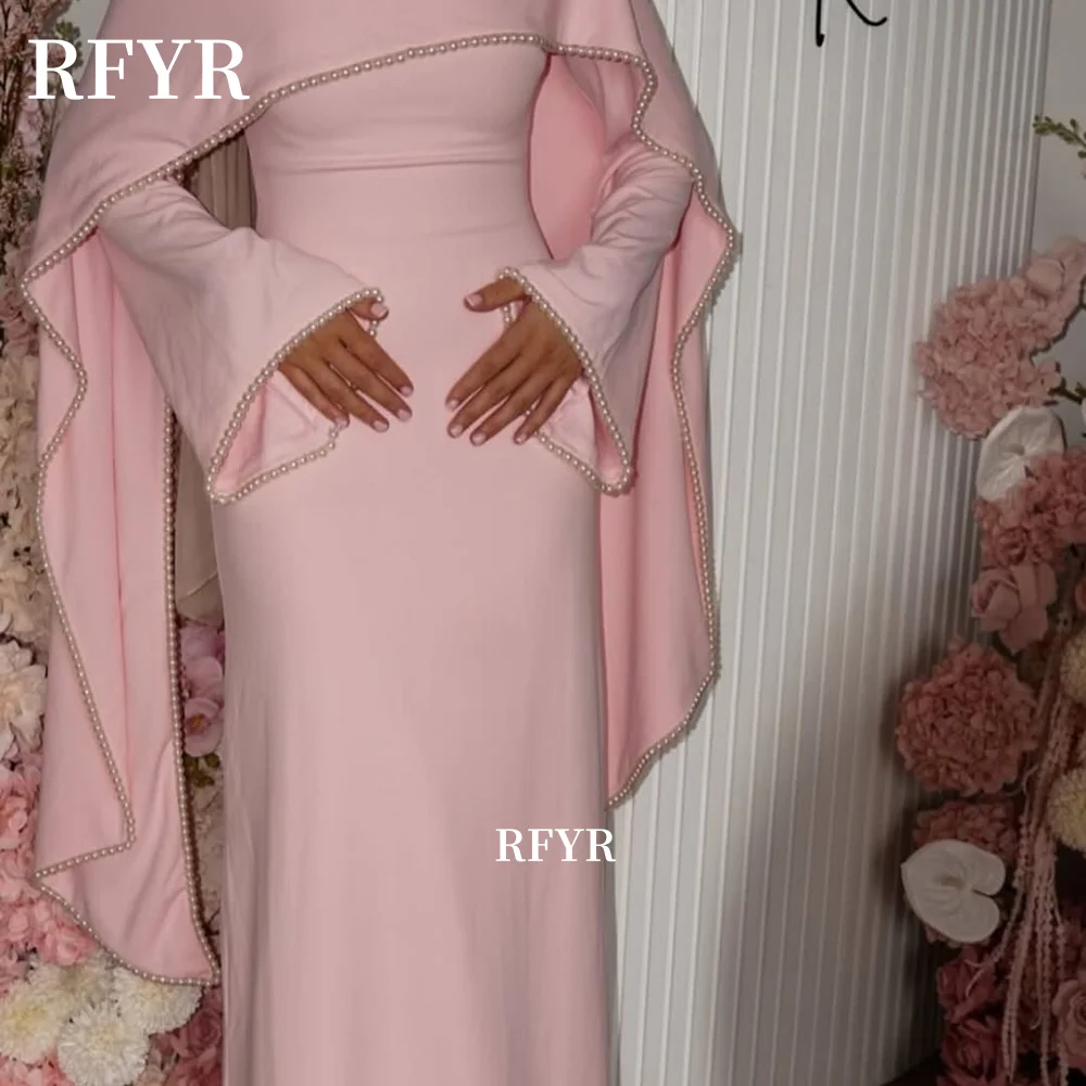 

RFYR Flare Sleeve Prom Dress Cape Sleeve Party Dress with Pearls Pink Gala Dress فساتين مناسبة رسمية Customized