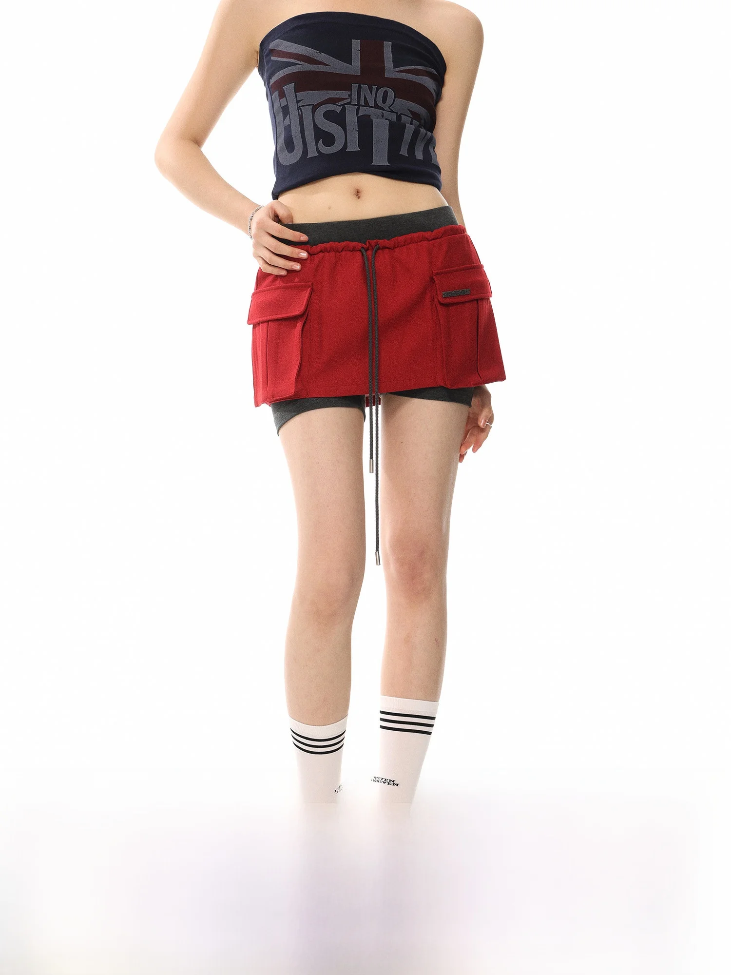 

Женская летняя юбка с низкой талией, имитация двух частей, с американским дизайном, на шнуровке, с цветовыми блоками, А-силуэт, до колена