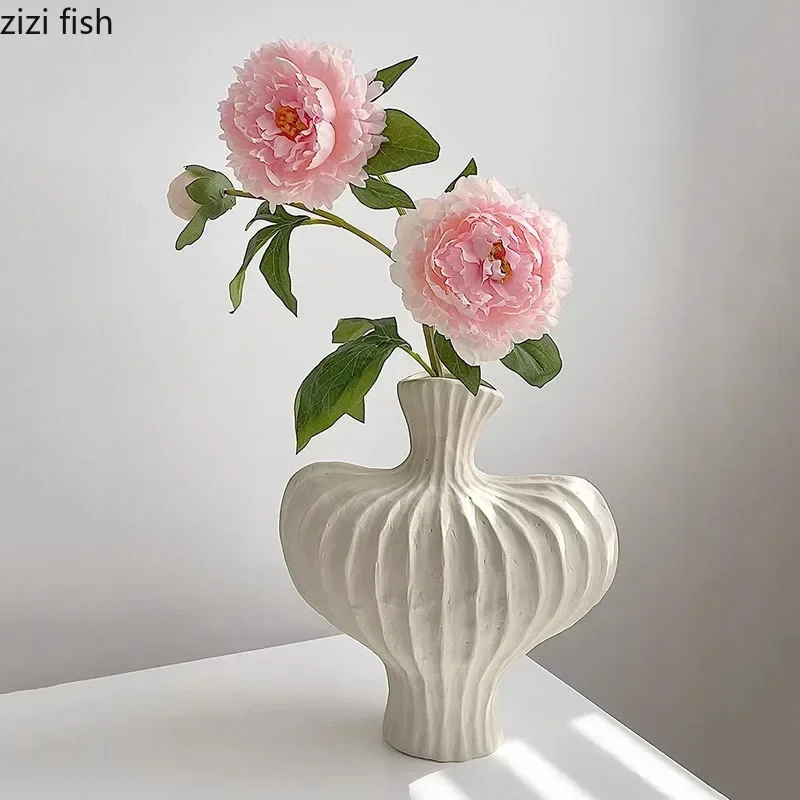 Irregular Striped Ceramic Vase Desktop Decoration Retro Flower Ware Flower Arrangement Vase Living Room Aesthetic Decoration