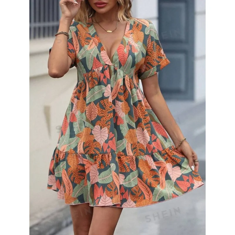 

Independent Station2024Spring and Summer New Solid ColorVCollar Loose Pleated Dress Women