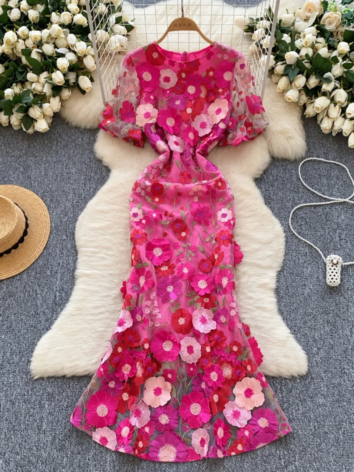 Luxury Lace Long Dresses Women Summer Holiday 3D Flower Embroidery Short Sleeve Mermaids Robe Evening Wedding Dress Female