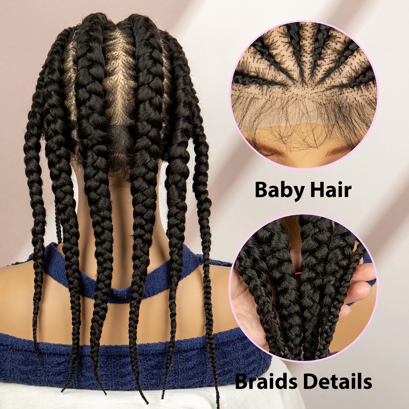 Wig kepang sintetik warna alami wig kepang Cornrow renda penuh untuk wanita Afro amerika HD wig kepang dewi renda