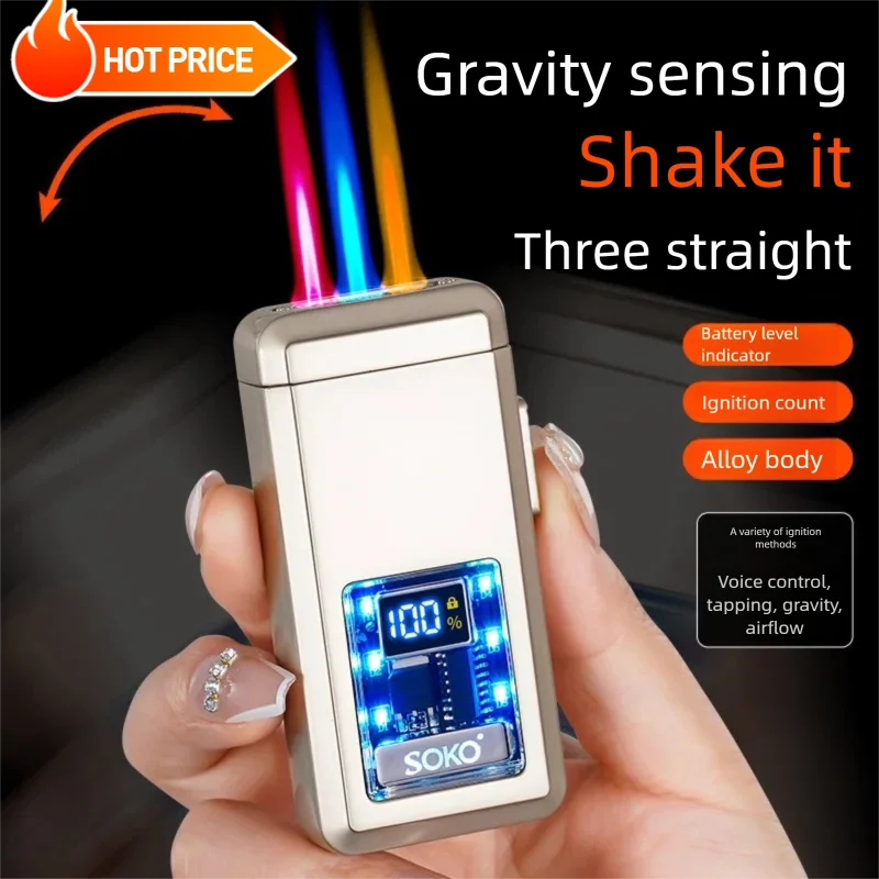 LHJ-2501， New Tide, Gas Electric, Direct Charging Three Flames, High Beauty, Colorful Flames, Gravity Sensing, Ignition, Lighter