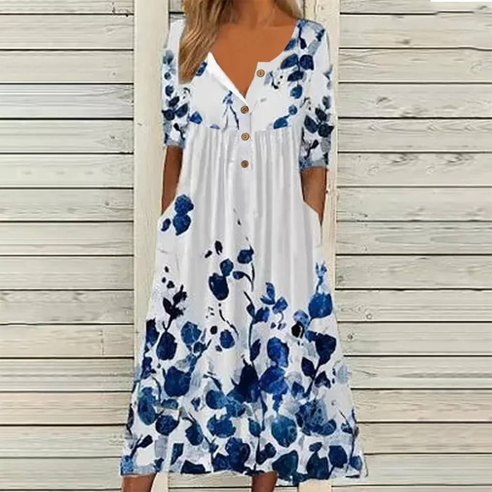 2026 New European & American Women's Spring Trendy Printed V-Neck Button Short-Sleeve Maxi Dress