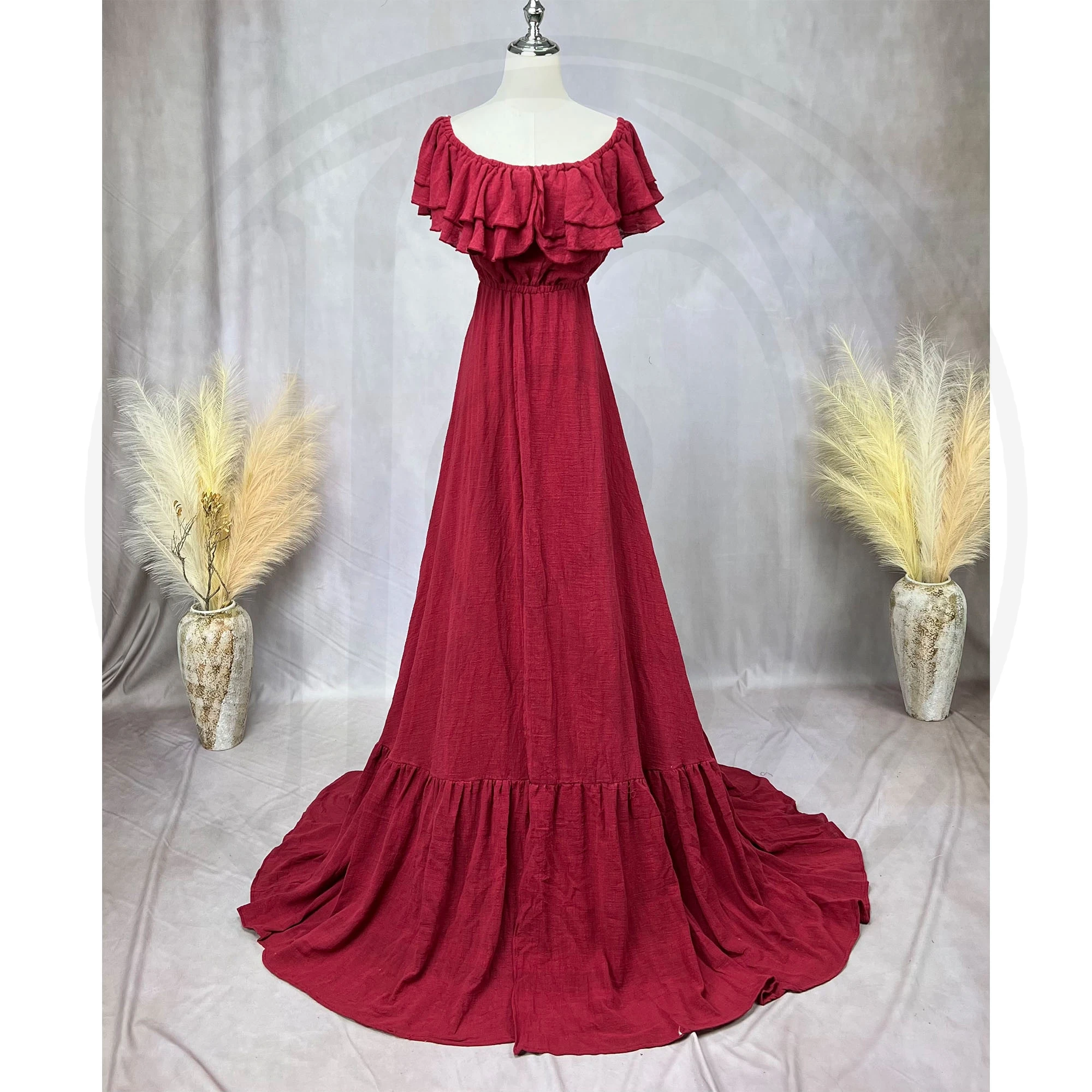Don&Judy Boho Maternity Maxi Dress Off-Shoulder Ruffle Flutter Sleeves Empire Waist Flowy A-Line Skirt Floor Length Evening Gown view 5